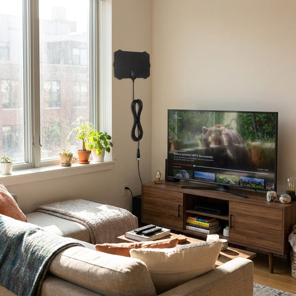 Indoor satellite HDTV antenna near TV
