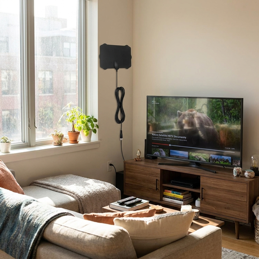 Indoor satellite HDTV antenna near TV