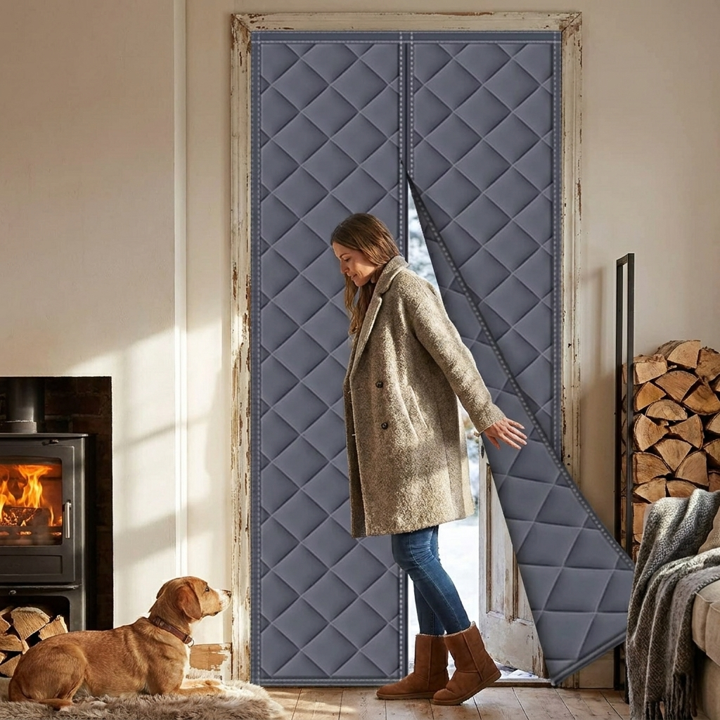 Magnetic thermal door insulation curtain in doorway