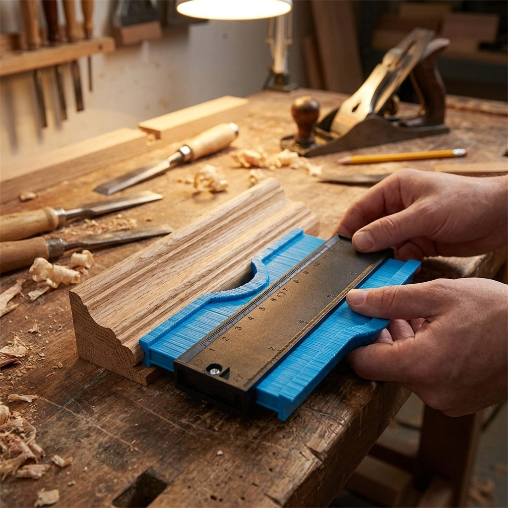 Precision contour gauge in use on workbench