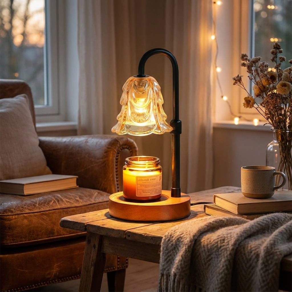 Flower candle warmer lamp on side table