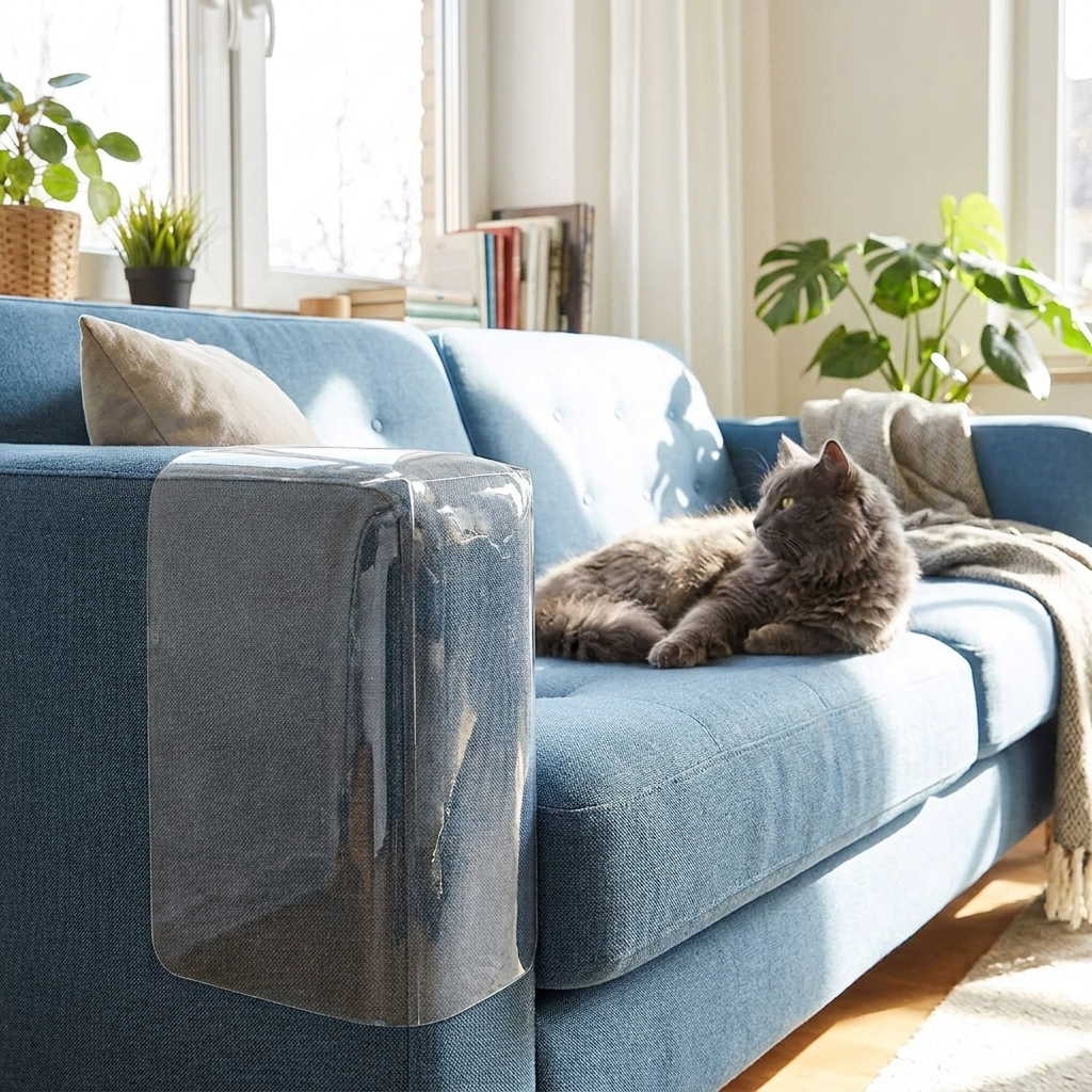 Cat scratch couch guard on sofa