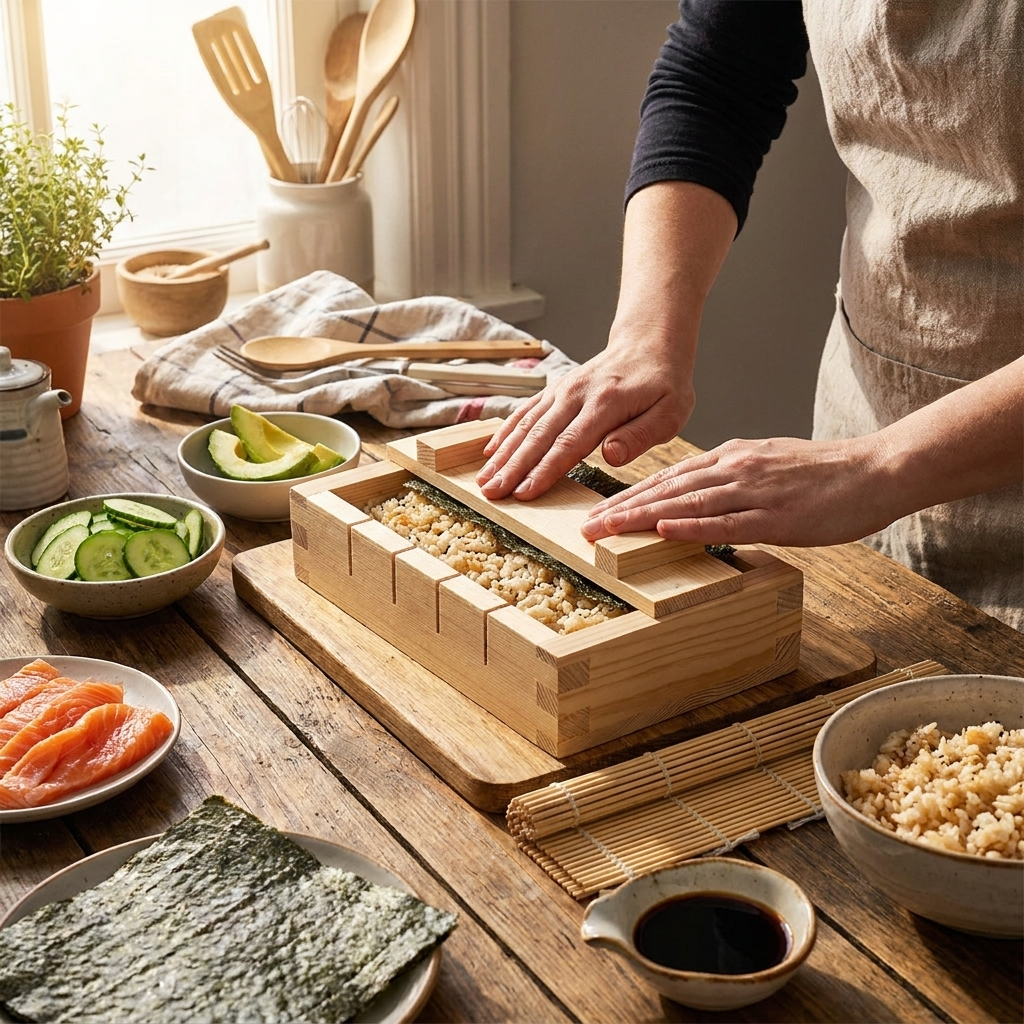 Wooden sushi maker press mold in kitchen