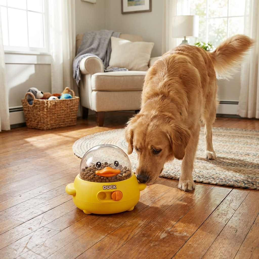 Duck dog puzzle feeder with dog