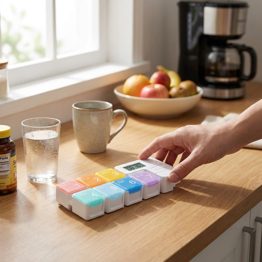Smart weekly pill organizer on counter