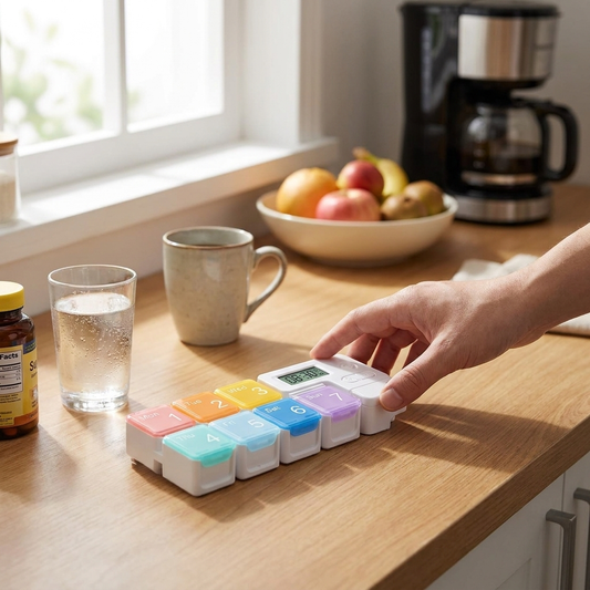 Smart weekly pill organizer on counter