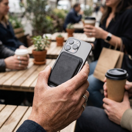 Magnetic leather card holder wallet on iPhone