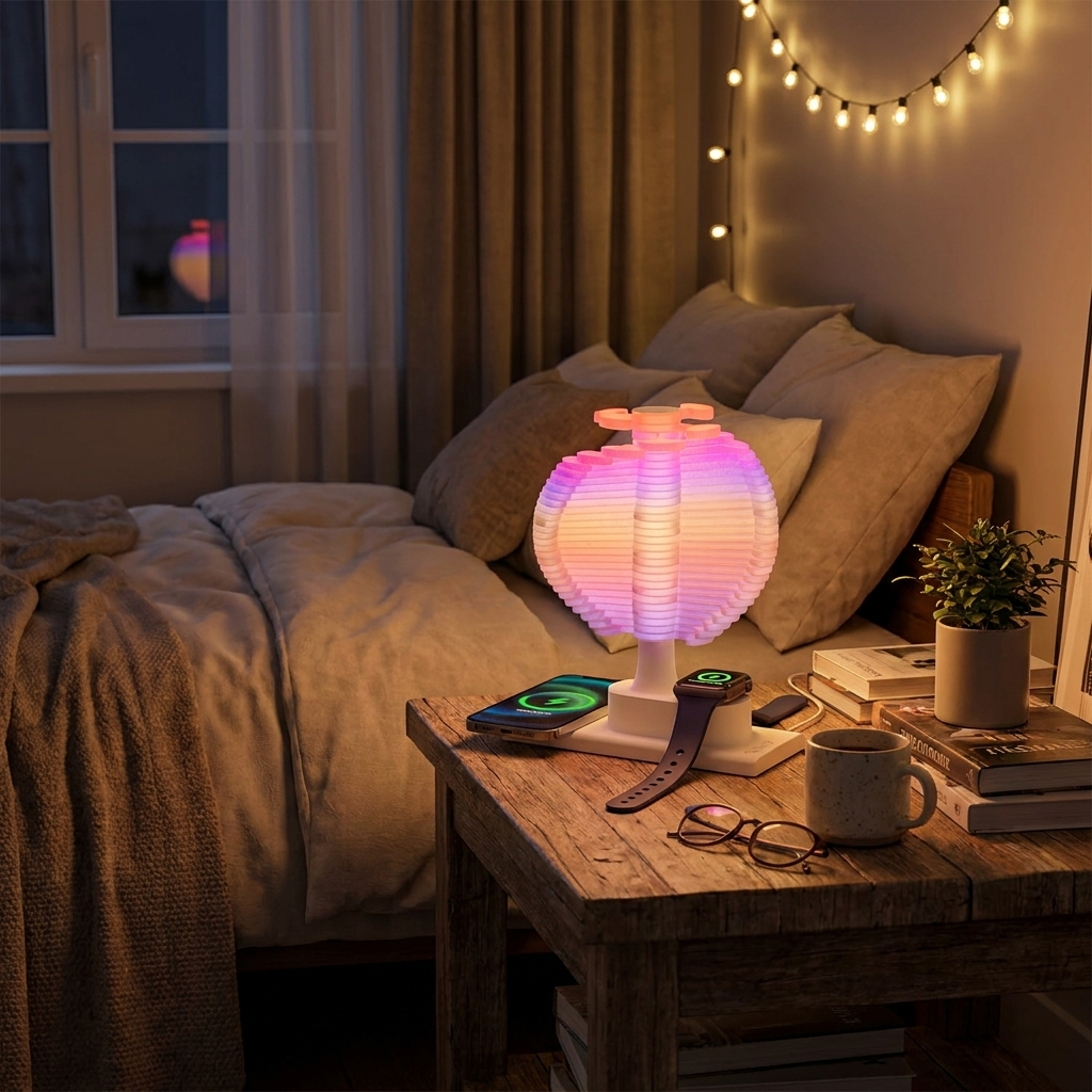 Spiral tree lamp with wireless charger on bedside table