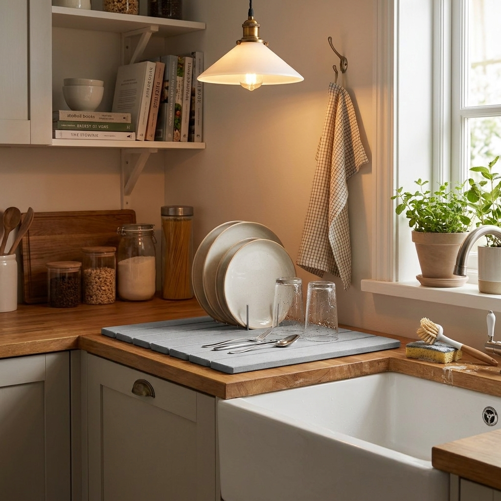Diatomite dish drying mat in kitchen