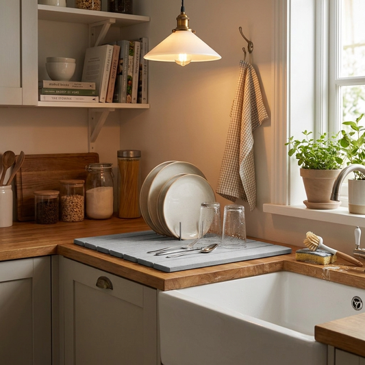 Diatomite dish drying mat in kitchen