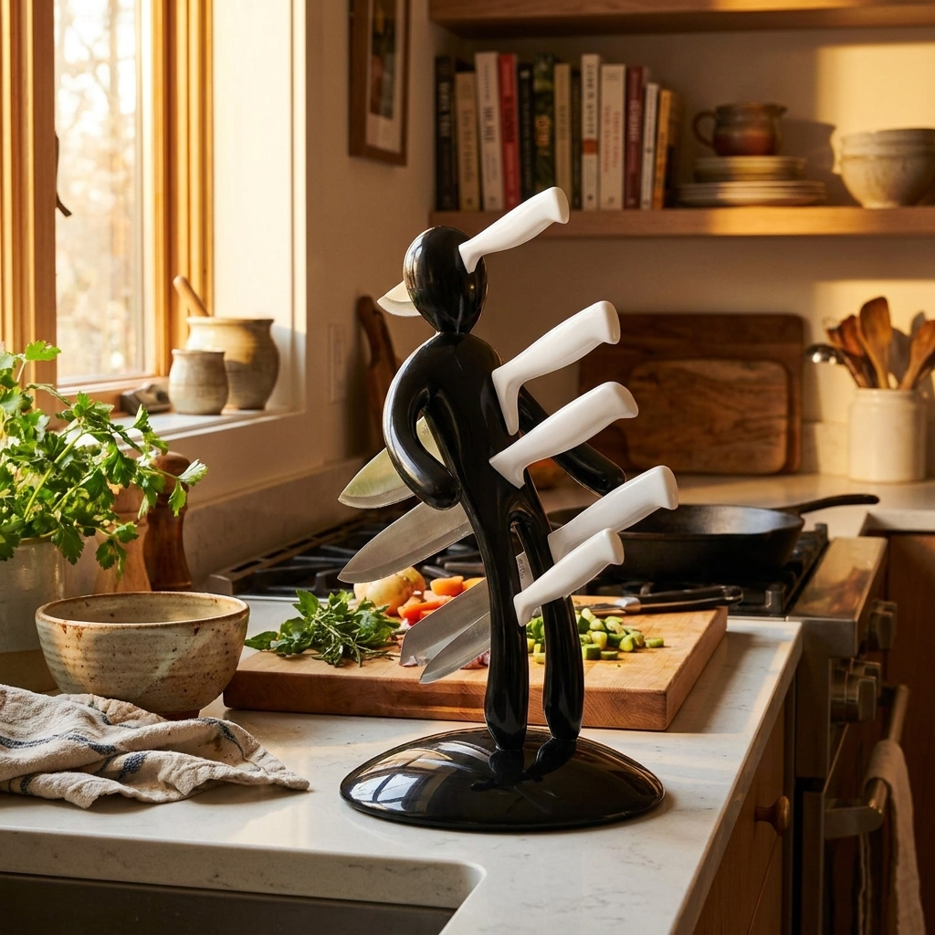 Humanoid knife holder set on countertop