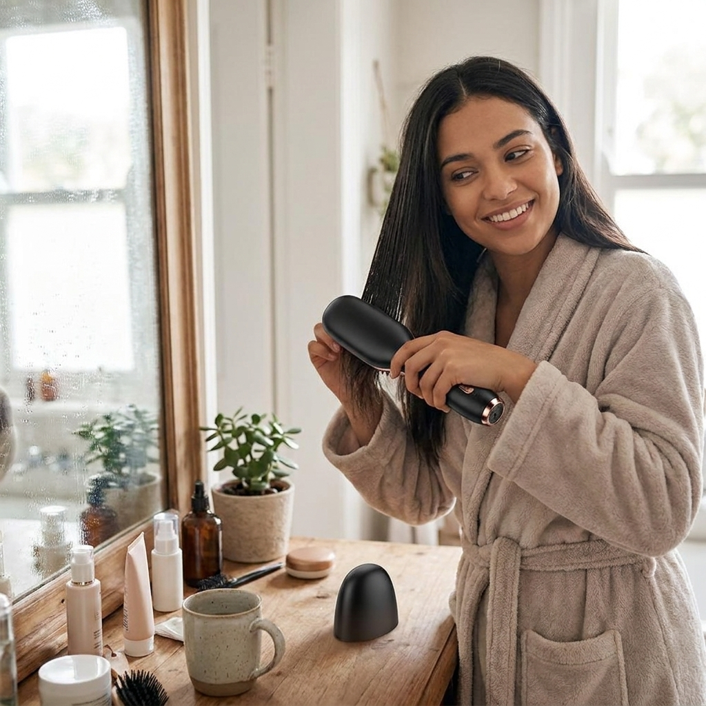 Portable ceramic hair straightener in use