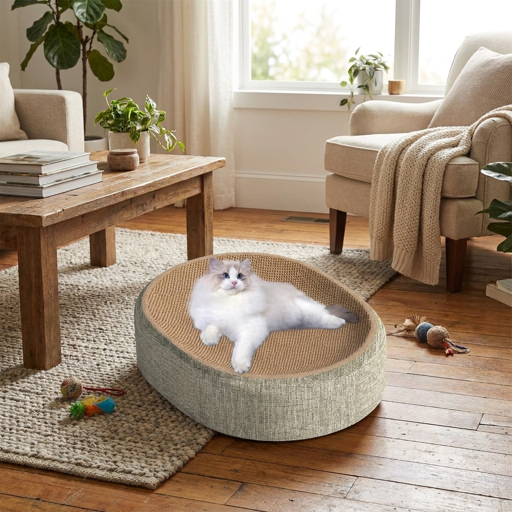 Sisal cat scratcher bed with cat