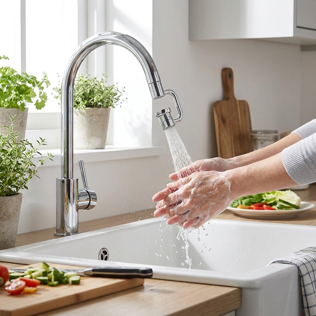 Rotating faucet extender on kitchen faucet