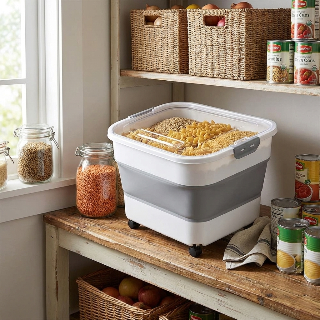 Foldable food storage container in pantry