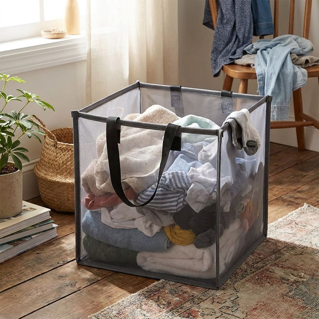 Foldable mesh laundry hamper with laundry