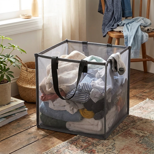 Foldable mesh laundry hamper with laundry