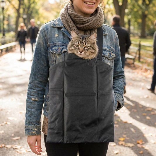 Travel cat carrier pouch worn by person