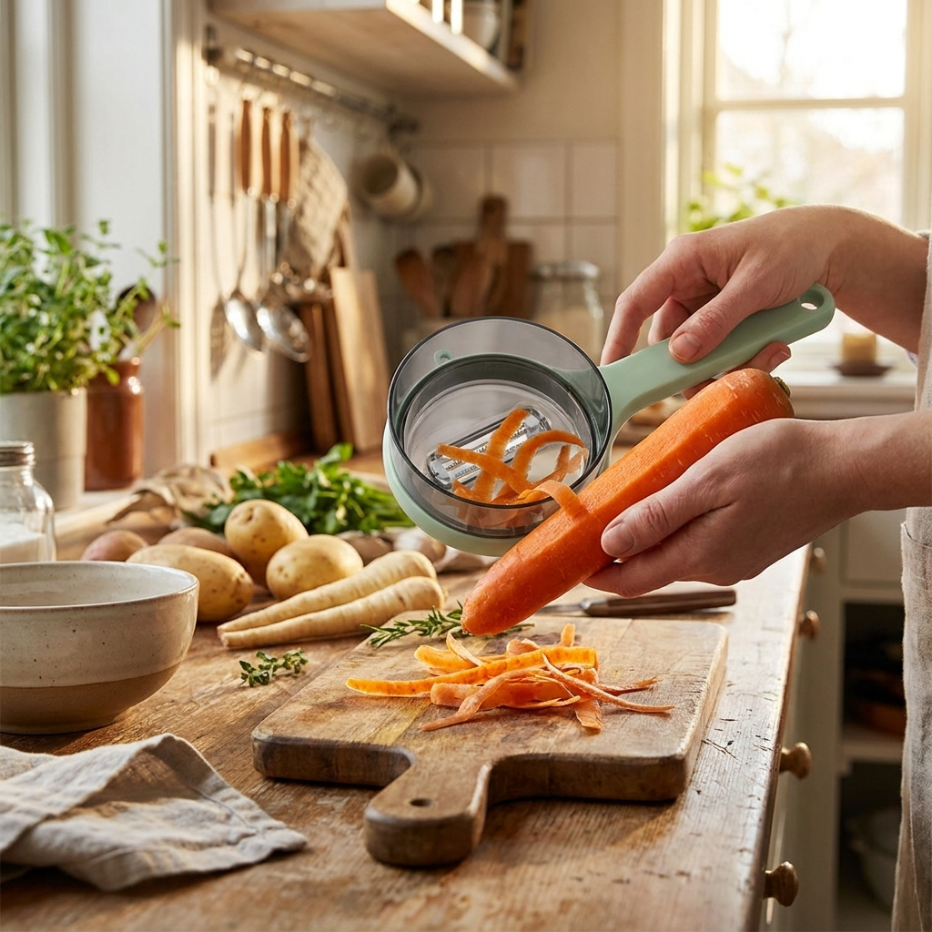 Ergonomic vegetable peeler peeling carrot