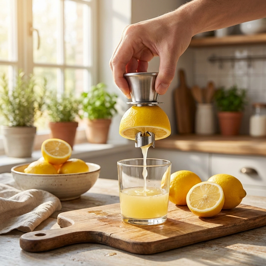 Manual lemon juicer squeezing lemon