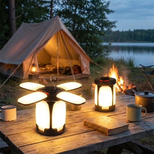 Solar camping lantern at campsite