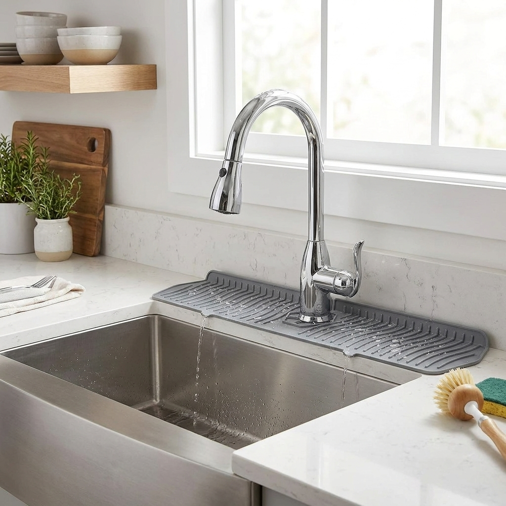 Silicone sink splash guard at kitchen sink