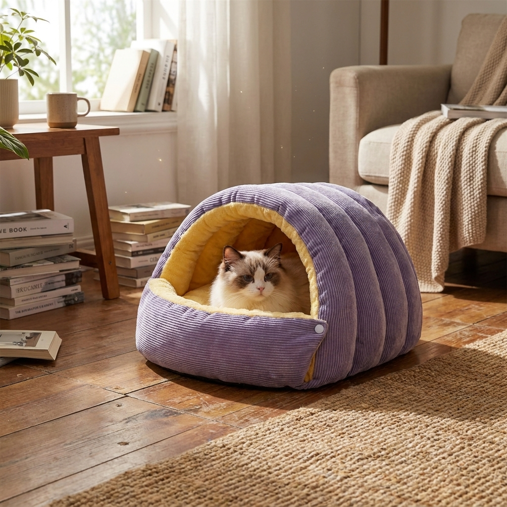 Fleece enclosed cat cave bed with cat