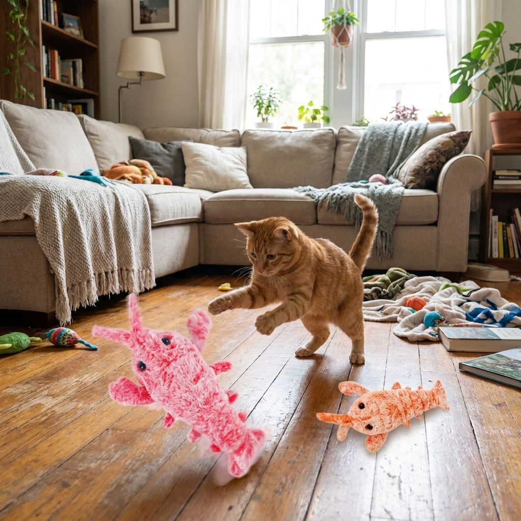 Electric jumping shrimp pet toy with cat