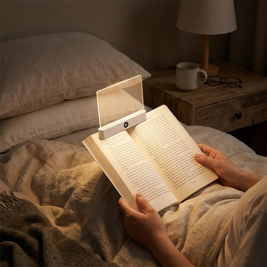 LED reading light clipped to book in bed