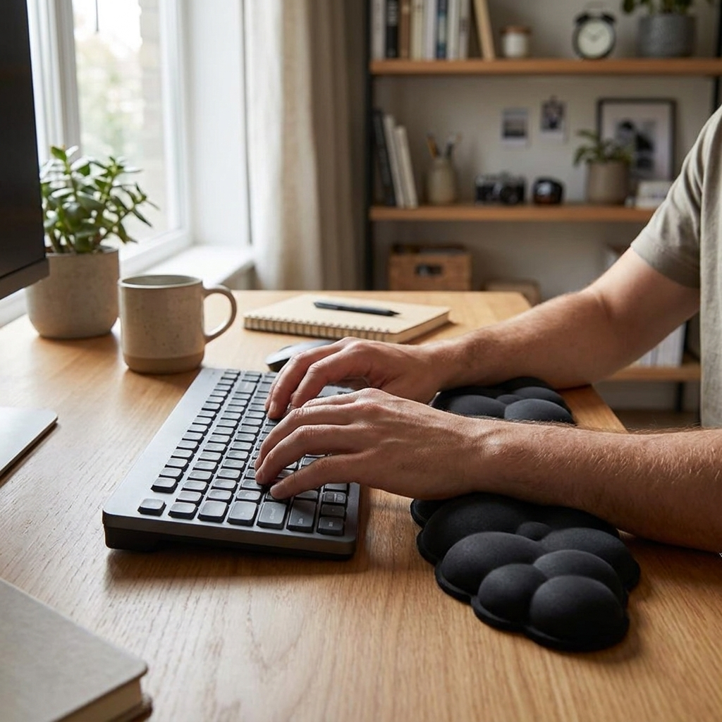 Memory foam wrist rest at desk