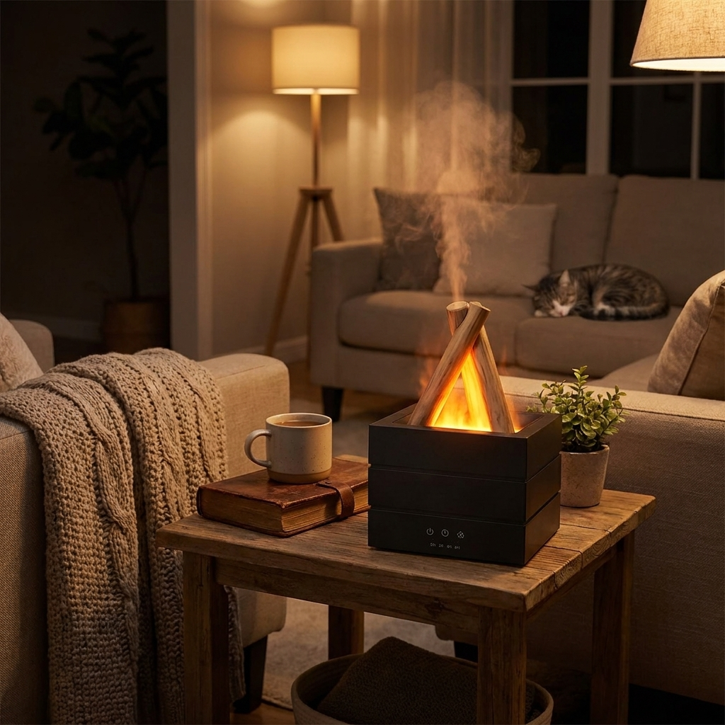 Realistic flame aroma diffuser on table