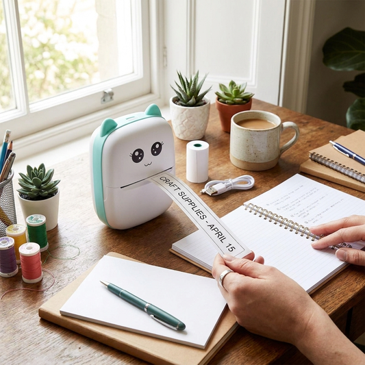 Mini thermal label printer on desk